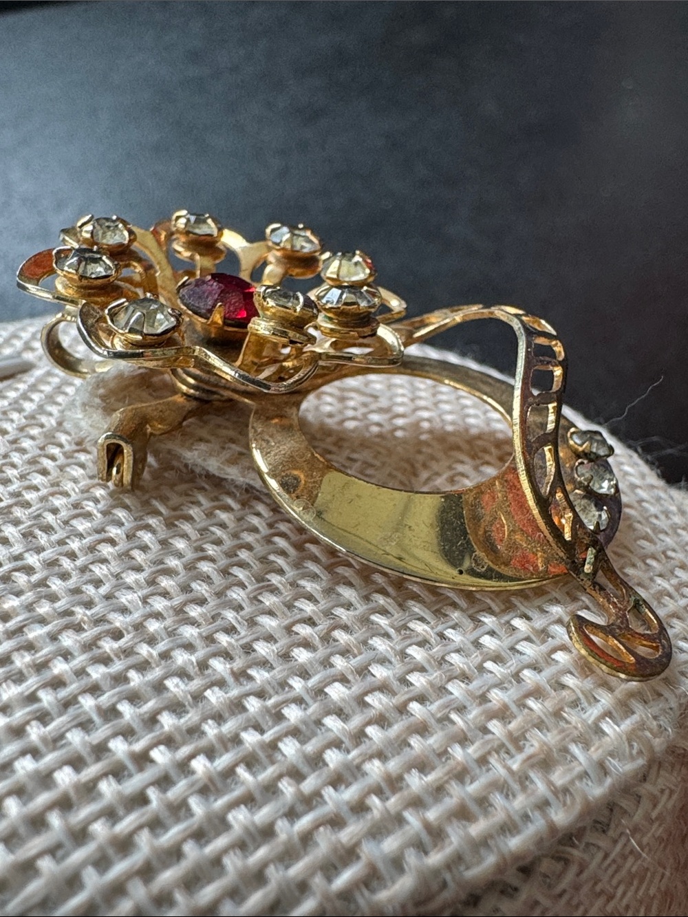 VTG 1950s Gold Tone Red Rhinestone Flower Convertible Brooch Pendant - Picture 2 of 4